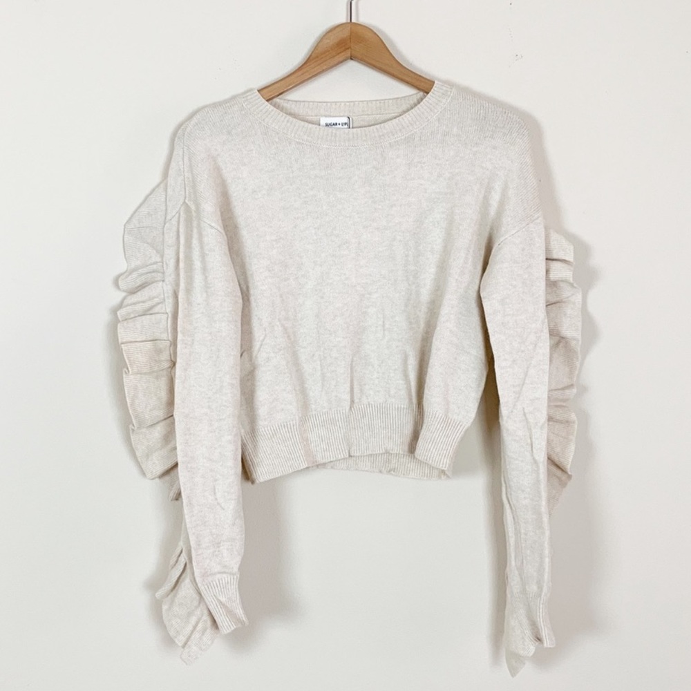 Oatmeal Color Ruffle Detail Sweater - Picture 5 of 6
